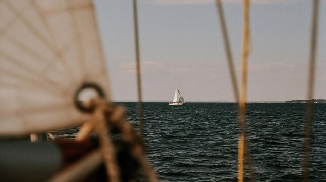 Expanding Horizon sailboat on open sea through rigging with distant coastline under soft sky