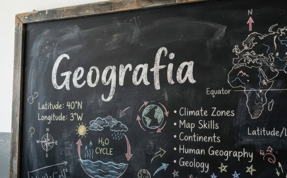 Geografia na lousa escolar com giz, conceito de educacao, aprendizado, ciencias sociais e sala de aula