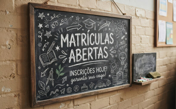Matriculas abertas, quadro negro escolar com rotulos educativos para divulgacao de cursos e matriculas de estudantes