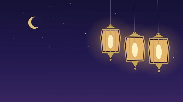 Golden fanous lanterns glowing in a Ramadan night sky
