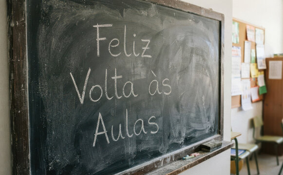 Feliz volta as aulas escrito na lousa escolar, conceito de educacao, aprendizado e regresso as aulas para criancas