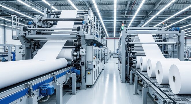 A massive industrial machine processes large white paper logs into jumbo toilet rolls inside a bright, automated manufacturing facility, processing, technical, large