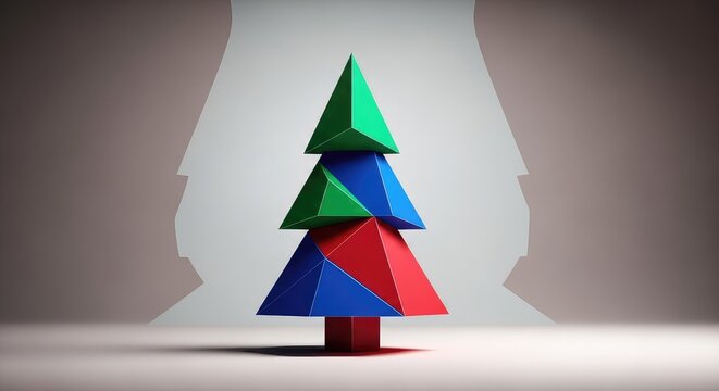 A minimalist holiday scene features clean geometric shapes arranged to represent a pine tree against a soft contemporary neutral background, decor, spruce, gold