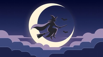 Fototapeta premium A spooky silhouette of a witch flying on a broomstick across a bright crescent moon for happy halloween celebrations