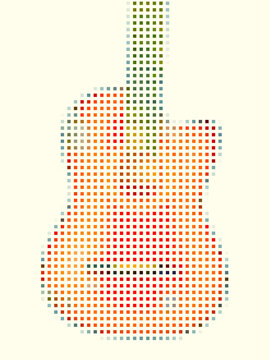 Silhouette of a colorful pixel-art guitar.