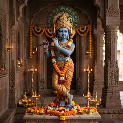 Fototapeta premium Beautiful Lord Krishna Idol Decorated With Flowers and Golden Jewelry in Traditional Indian Temple Setting
