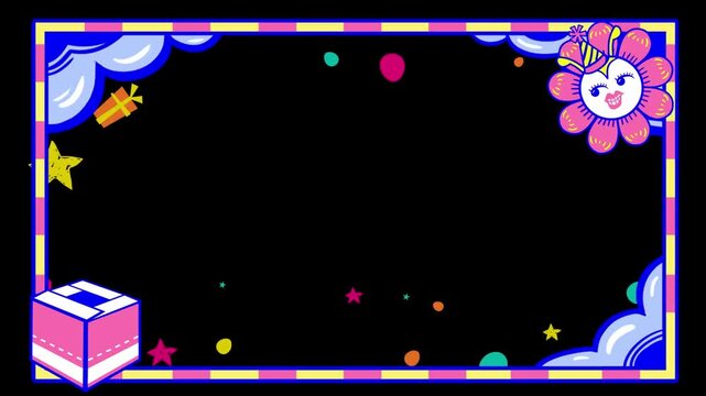 Animated party celebration decorative border frames featuring cute cartoon characters and festive elements for digital content with character cat gift