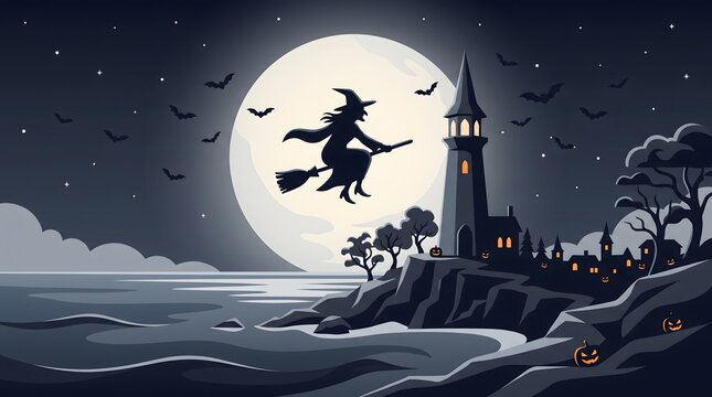 A spooky silhouette of a witch flying on a broomstick past a lighthouse during a happy halloween full moon night