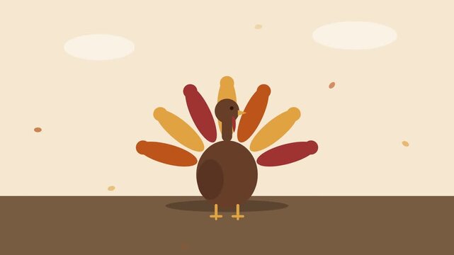 Cheerful turkey strutting in place for a Thanksgiving greeting