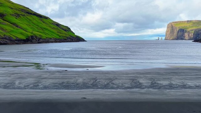 Tj&oslash;rnuv&iacute;k Black Sand Beach with Risin og Kellingin Sea Stacks, Faroe Islands