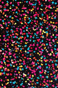Colorful confetti scattered on a black background