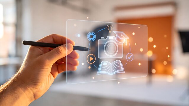Photography education online course concept, hand pointing stylus at digital interface with camera, graduation cap, book, play button and lightbulb icons, creative learning, visual arts training 