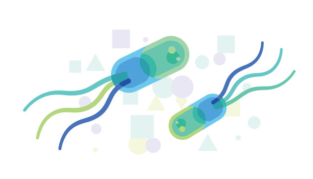 Abstract scientific illustration of bacterial microorganisms and flagellated pathogens floating on light background.
