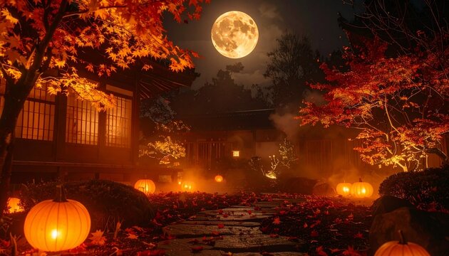 和風提灯が灯る日本庭園のハロウィン、満月と紅葉に包まれた幻想的な秋の夜