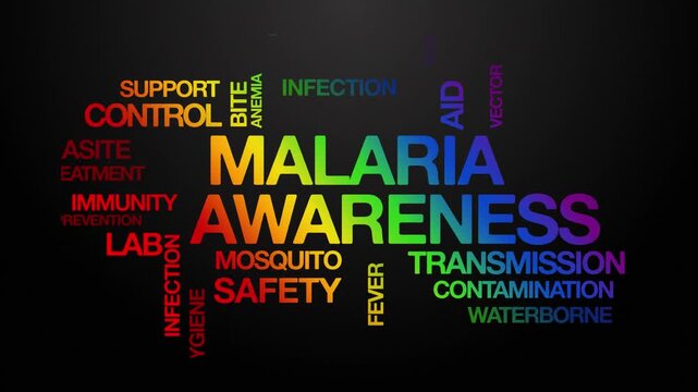 Malaria awareness concept Animated Tag Word Cloud kinetic typography, Text Design Animation typography seamless loop video motion graphics Intro Wordart arrangement rainbow type on black background bg