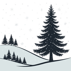 Fototapeta premium Dark evergreen tree silhouette against a winter landscape with falling snow
