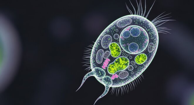 A vivid microscopic display of various single-celled organisms featuring complex biological structures, glowing organelles, and textures, paramecium, structure, science