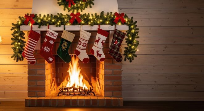 A warm fireplace glows in a rustic room decorated with evergreen garlands and festive stockings hanging from the mantle for Christmas, rustic, holiday, fire