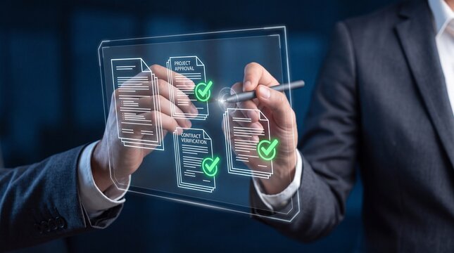 Professional Business Executive Using Digital Interface To Approve Electronic Documents And Verify Paperwork In A Modern Virtual Office Environment