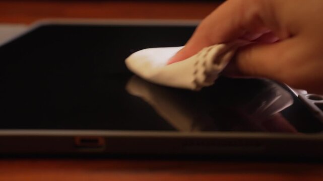 Close up shot of hand polishing dry tablet display screen in circular rubbing motion using soft microfiber cloth on wooden table, electronic device surface protection concept.