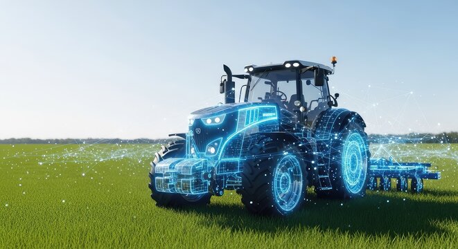 An advanced tractor moves through a rural field, integrated with glowing digital network lines and data points representing smart farming, information, system, industrial