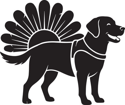 Cheerful dog wearing turkey costume silhouette for thanksgiving celebration and fall holiday pet parade festive vector graphics.