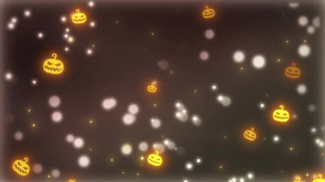 Glowing orange jack o lantern icons floating amidst soft white bokeh particles background with lantern shapes drifting drifting slowly