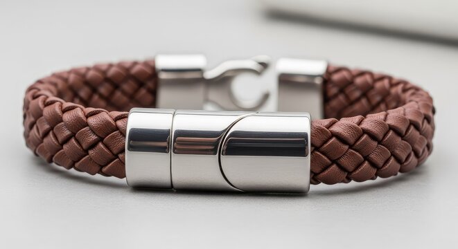 Bracciale in pelle marrone intrecciata con robusta chiusura magnetica in metallo, dettaglio macro su superficie neutra e minimalista, weave, outfit, apparel