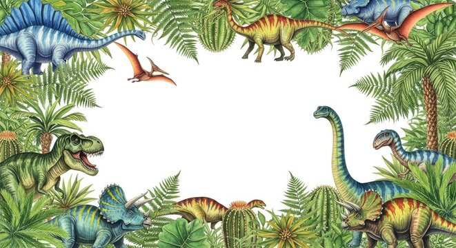 Beautiful watercolor frame border featuring lush prehistoric ferns, ancient palms, and colorful dinosaurs around a central white copy space, creative, plants, landscape