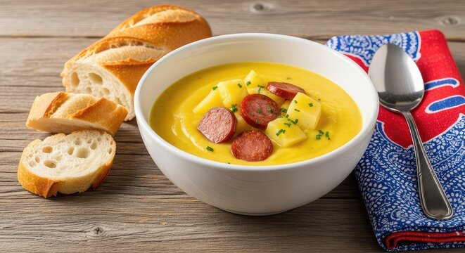 Creamy yellow potato soup with savory sliced sausages in a white bowl, set on a rustic table with a baguette and a blue and red cloth napkin, homemade, creamy, rustic