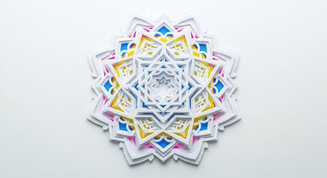Delicate white paper cutouts arranged in complex circular layers create a multidimensional effect with a geometric star at the center point, depth, concentric, aesthetic