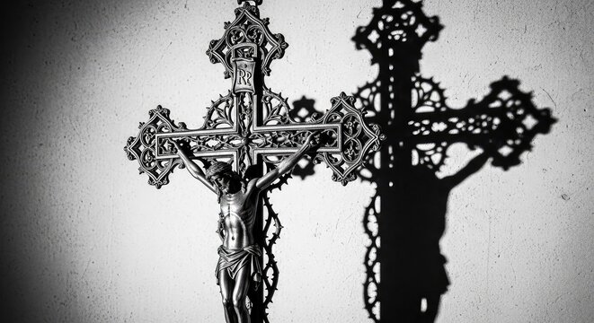 Detailed black and white photograph of an ornate gothic crucifix with intricate metal carvings, casting dark shadows against a gray wall, spiritual, black, background