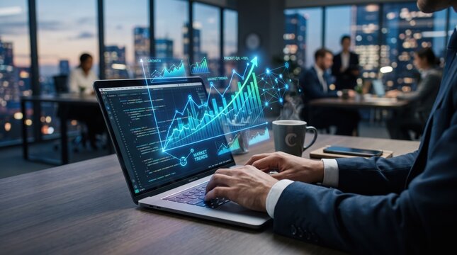 Businessman working on laptop computer in modern office at night analyzing financial data, stock market trends and growth charts with futuristic holographic interface overlay
