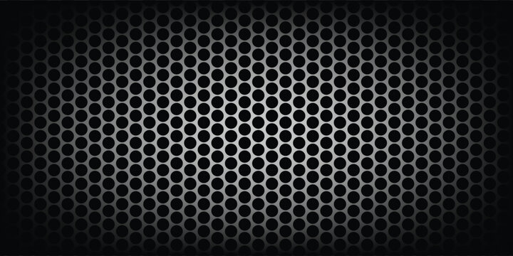 Black perforated metal plate. Metal grill. Black metal texture steel background. Perforated sheet metal.Abstract dark gray circle mesh pattern background texture.