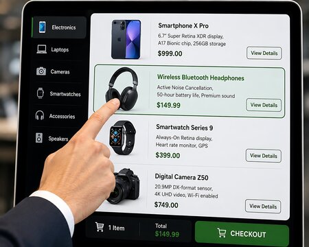 A close up of a business person using a digital touchscreen interface to browse and select electronic products for purchase