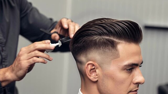 Professional barber styling modern male client hair in contemporary salon