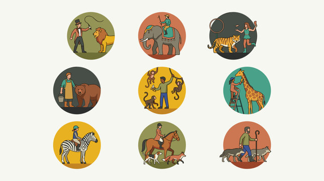 Circus and animal training icons: lion tamer, elephant rider, tiger trainer, zookeeper, monkey handler, giraffe groomer, equestrian, and wolf herder.