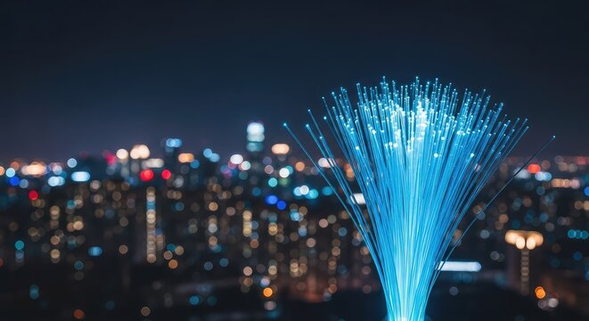 Glowing blue fiber optic cables bundle together and radiate towards a blurred urban skyline with illuminated buildings at night time, bright, link, city