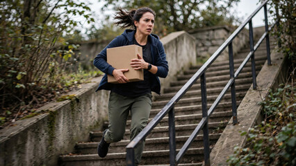 Fototapeta premium Woman courier running up outdoor stairs with package