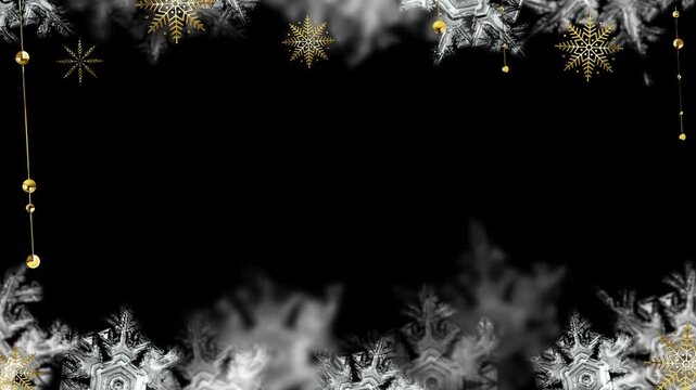 Elegant winter holiday background featuring golden hanging ornaments and intricate silver snowflake borders with detailed silver snowflakes
