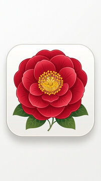 Beautiful red camellia flower illustration icon with green leaves on white background