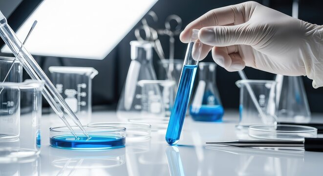 Meticulous scientific examination of test tubes and glass equipment under bright lights within a sterile medical research environment, research, precision, forensic