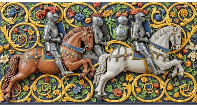 Medieval frieze depicting three armored forms on horseback galloping across golden swirls and a lush floral background pattern, frieze, vintage, horse