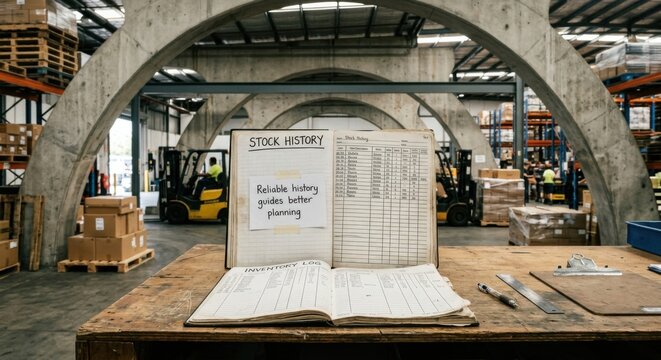 Open Stock History Ledger in a Warehouse Setting with Forklifts