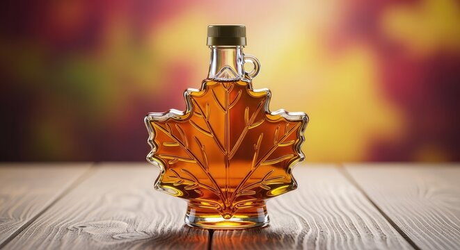 Radiant golden maple syrup in an ornate glass bottle shaped like a maple leaf on rustic wood against a blurred autumnal background, glass, reflection, vegan
