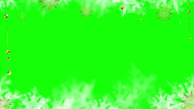 Festive christmas border featuring sparkling golden snowflakes and hanging ornaments against a vibrant green screen background with over bright green