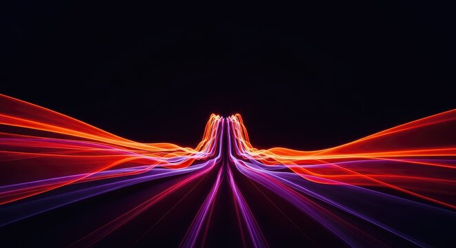 Radiant streams of red, orange, and purple light swirl and pulse through a deep dark background as the camera glides smoothly forward, energy, neon, wallpaper