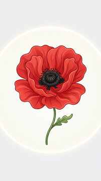 Beautiful red poppy flower illustration with black center and green stem