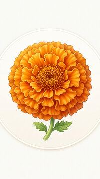 Beautiful vibrant orange marigold flower illustration isolated on a round white background