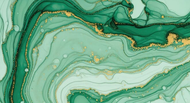 Sophisticated abstract green ink marble background featuring smooth swirling patterns on high quality paper texture with elegant gold drops, gold, drops, wash